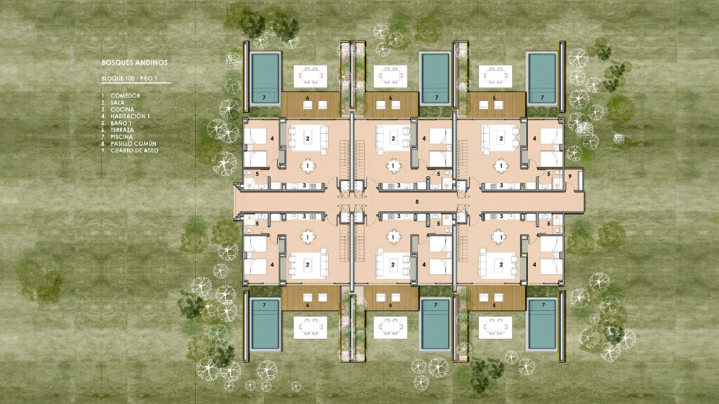 Planta general del primer piso del conjunto de villas Alpe en Bosques Andinos, Chinácota