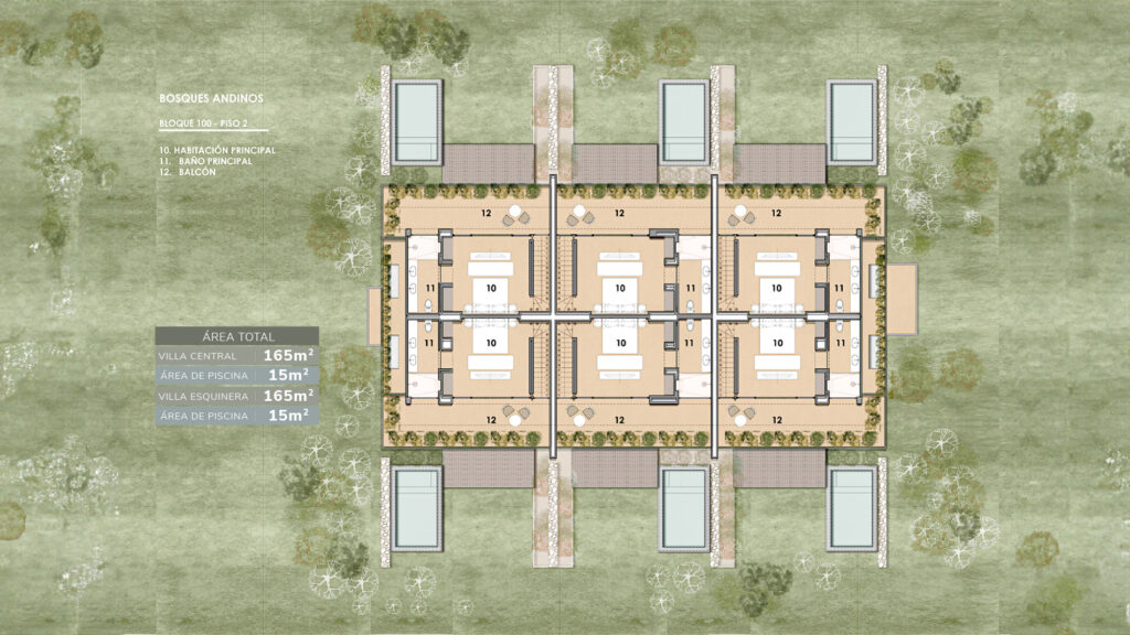 Planta general del segundo piso del conjunto de villas Alpe en Bosques Andinos, Chinácota
