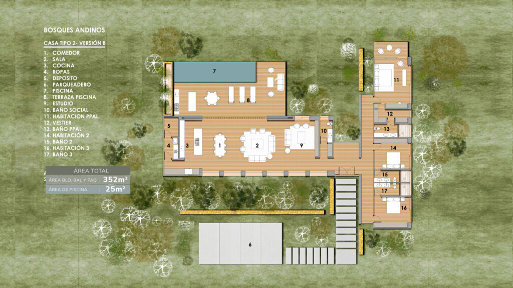 Planta de la casa campestre de 3 habitaciones versión familiar, 352 m², en Bosques Andinos