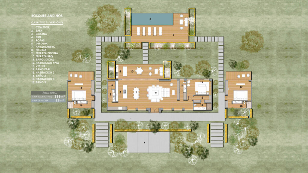 Planta arquitectónica de la casa campestre de 3 habitaciones, versión hotelera, en Bosques Andinos