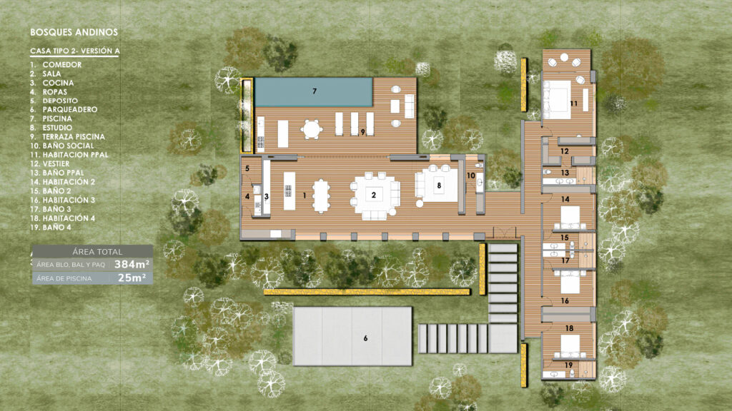 Planta arquitectónica de la casa campestre de 4 habitaciones versión familiar en Bosques Andinos, Chinácota