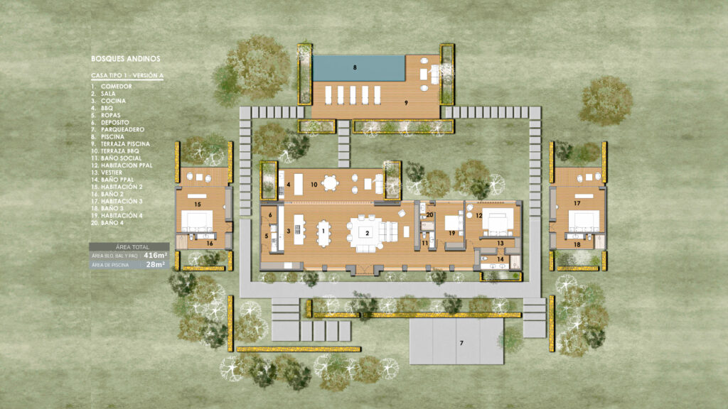 Planta arquitectónica de la casa campestre de 4 habitaciones, versión hotelera, en Bosques Andinos