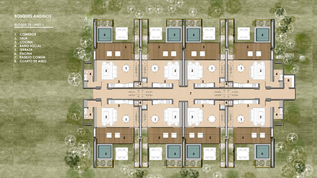Planta general del primer piso del conjunto de villas Fiume en Bosques Andinos, Chinácota