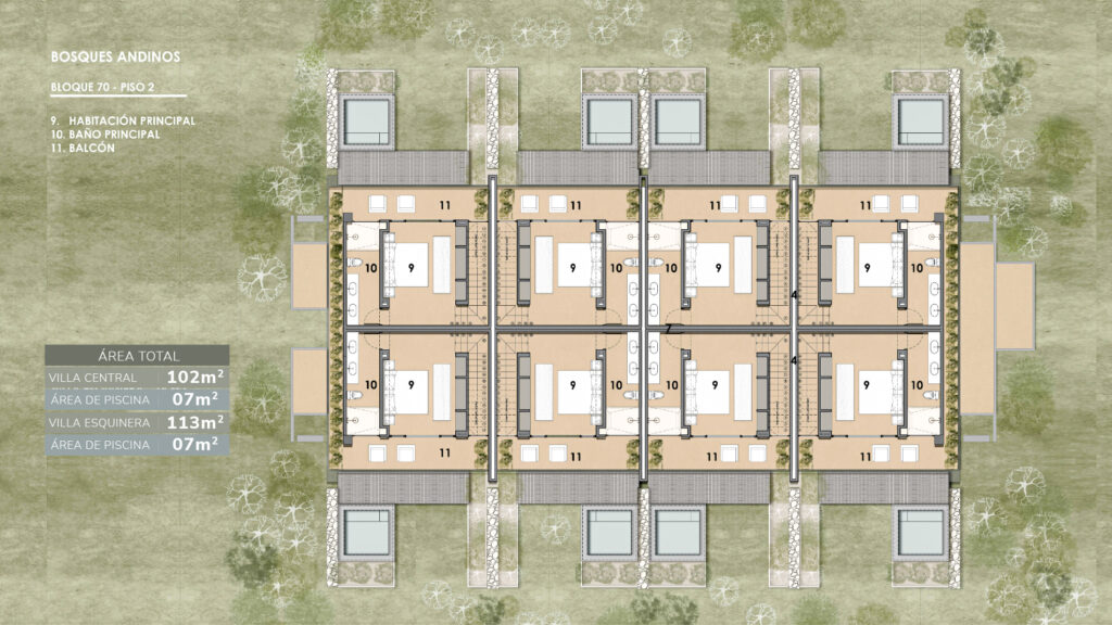 Planta general del segundo piso del conjunto de villas Fiume en Bosques Andinos, Chinácota