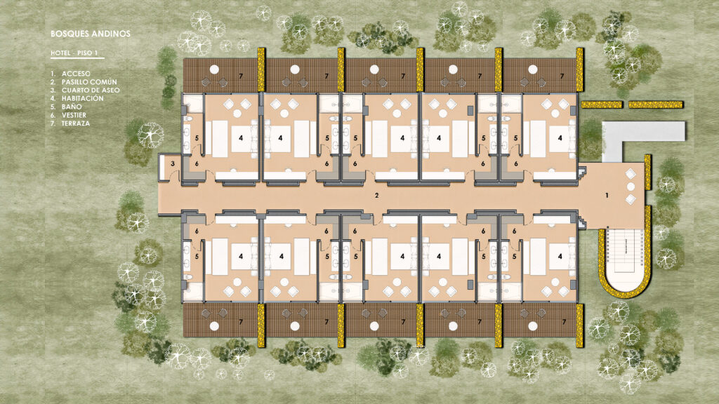Planta arquitectónica del primer piso del hotel Pioggia en Bosques Andinos, Chinácota