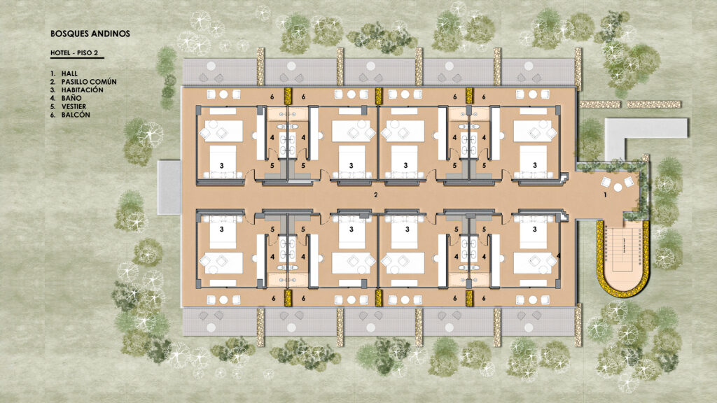 Planta arquitectónica del segundo piso del hotel Pioggia en Bosques Andinos, Chinácota