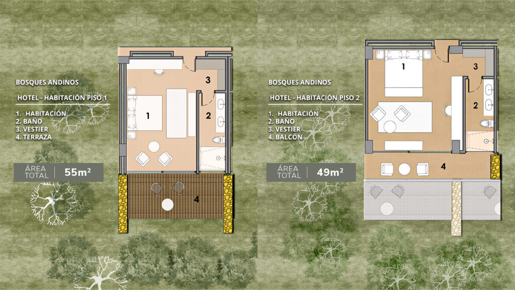 Planos de las habitaciones tipo del hotel Pioggia en Bosques Andinos, Chinácota